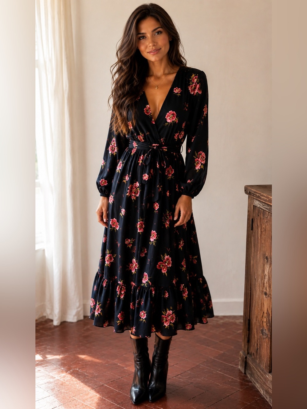 NWOT Nasty Gal Floral Deep V Wrap Maxi/Midi Dress - Black with Pink Roses Size S